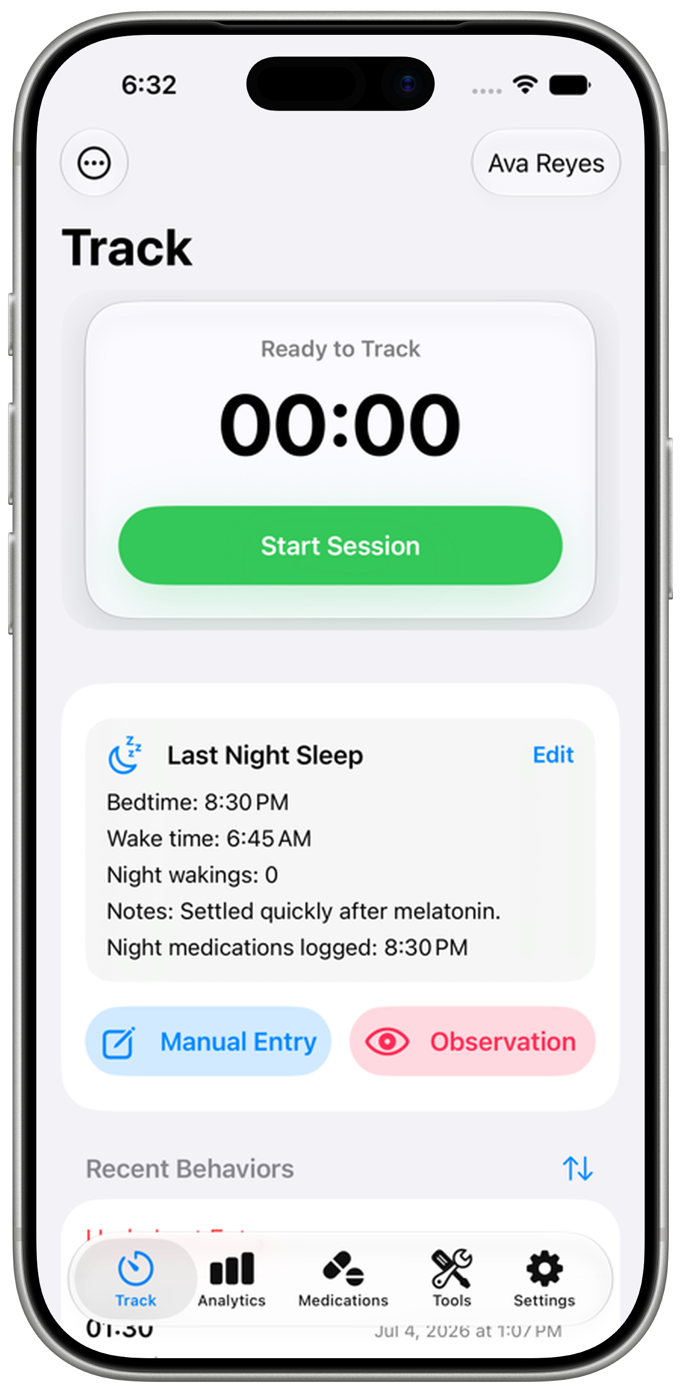 Behavior Toolkit's Track tab, showing an active session timer and last night's sleep summary.