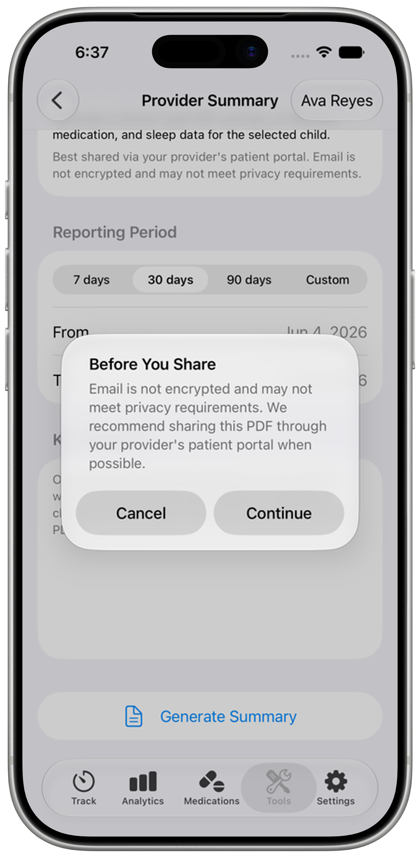 Provider Summary screen with a 'Before You Share' reminder that email is not encrypted, recommending sharing through a provider's patient portal.